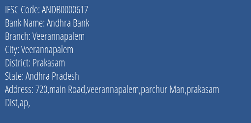 Andhra Bank Veerannapalem Branch, Branch Code 000617 & IFSC Code Andb0000617