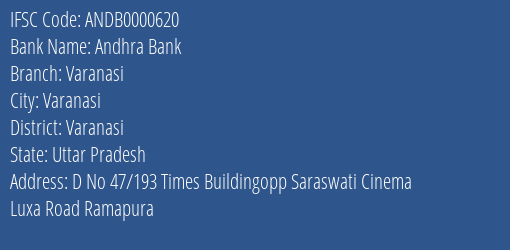 Andhra Bank Varanasi Branch, Branch Code 000620 & IFSC Code ANDB0000620
