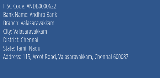 Andhra Bank Valasaravakkam Branch Chennai IFSC Code ANDB0000622