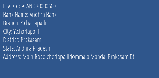 Andhra Bank Y.charlapalli Branch, Branch Code 000660 & IFSC Code Andb0000660