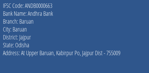 Andhra Bank Baruan Branch Jajpur IFSC Code ANDB0000663
