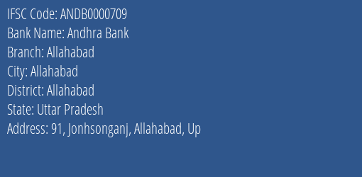 Andhra Bank Allahabad Branch, Branch Code 000709 & IFSC Code ANDB0000709