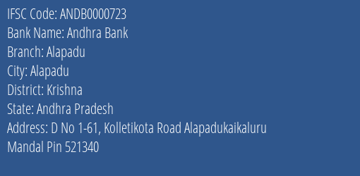 Andhra Bank Alapadu Branch Krishna IFSC Code ANDB0000723