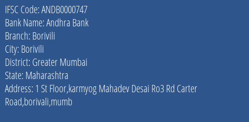 Andhra Bank Borivili Branch Greater Mumbai IFSC Code ANDB0000747