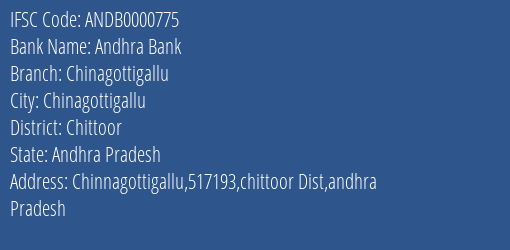 Andhra Bank Chinagottigallu Branch Chittoor IFSC Code ANDB0000775
