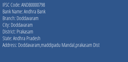 Andhra Bank Doddavaram Branch, Branch Code 000798 & IFSC Code Andb0000798