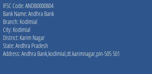 Andhra Bank Kodimial Branch Karim Nagar IFSC Code ANDB0000804