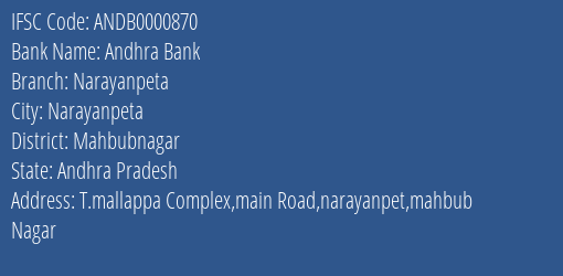 Andhra Bank Narayanpeta Branch Mahbubnagar IFSC Code ANDB0000870