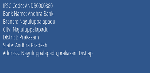 Andhra Bank Naguluppalapadu Branch Prakasam IFSC Code ANDB0000880