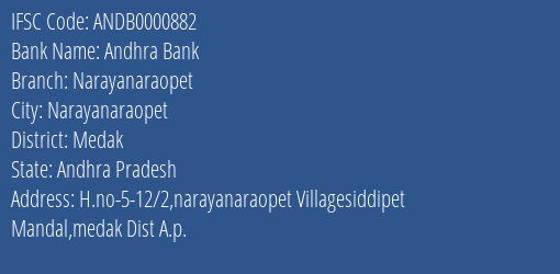 Andhra Bank Narayanaraopet Branch Medak IFSC Code ANDB0000882