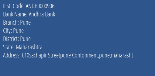Andhra Bank Pune Branch, Branch Code 000906 & IFSC Code ANDB0000906