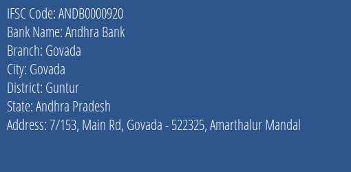 Andhra Bank Govada Branch Guntur IFSC Code ANDB0000920