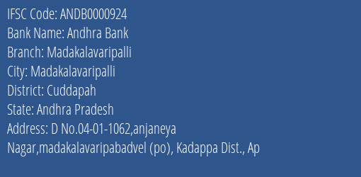 Andhra Bank Madakalavaripalli Branch Cuddapah IFSC Code ANDB0000924