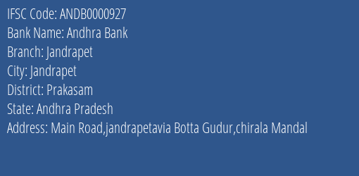 Andhra Bank Jandrapet Branch, Branch Code 000927 & IFSC Code Andb0000927
