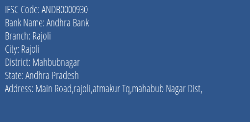 Andhra Bank Rajoli Branch Mahbubnagar IFSC Code ANDB0000930