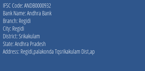 Andhra Bank Regidi Branch Srikakulam IFSC Code ANDB0000932
