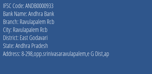 Andhra Bank Ravulapalem Rcb Branch East Godavari IFSC Code ANDB0000933