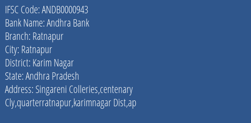 Andhra Bank Ratnapur Branch Karim Nagar IFSC Code ANDB0000943