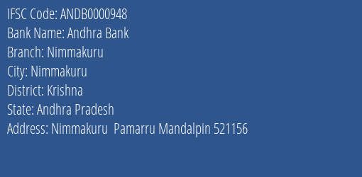 Andhra Bank Nimmakuru Branch Krishna IFSC Code ANDB0000948