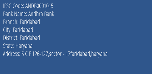Andhra Bank Faridabad Branch, Branch Code 001015 & IFSC Code ANDB0001015