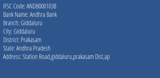 Andhra Bank Giddaluru Branch, Branch Code 001038 & IFSC Code Andb0001038