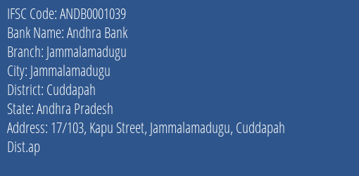 Andhra Bank Jammalamadugu Branch Cuddapah IFSC Code ANDB0001039