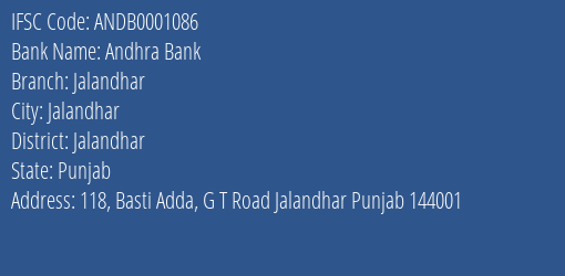 Andhra Bank Jalandhar Branch, Branch Code 001086 & IFSC Code ANDB0001086