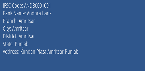 Andhra Bank Amritsar Branch, Branch Code 001091 & IFSC Code ANDB0001091