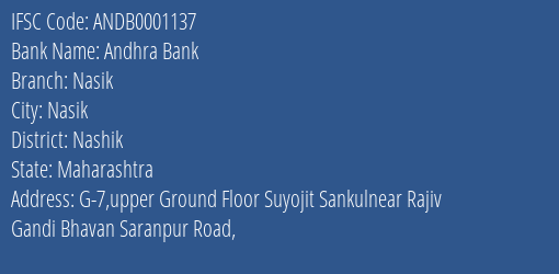 Andhra Bank Nasik Branch Nashik IFSC Code ANDB0001137