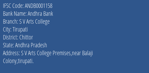 Andhra Bank S V Arts College Branch Chittor IFSC Code ANDB0001158