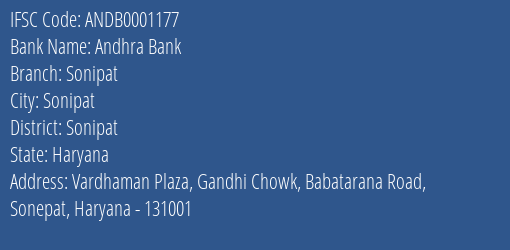 Andhra Bank Sonipat Branch Sonipat IFSC Code ANDB0001177