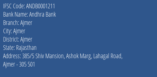Andhra Bank Ajmer Branch, Branch Code 001211 & IFSC Code ANDB0001211