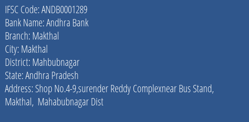 Andhra Bank Makthal Branch Mahbubnagar IFSC Code ANDB0001289