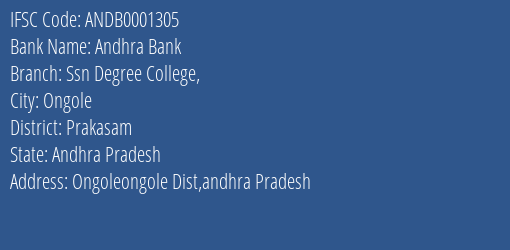 Andhra Bank Ssn Degree College Branch, Branch Code 001305 & IFSC Code Andb0001305
