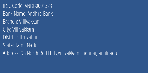 Andhra Bank Villivakkam Branch Tiruvallur IFSC Code ANDB0001323