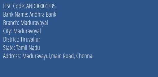 Andhra Bank Maduravoyal Branch Tiruvallur IFSC Code ANDB0001335