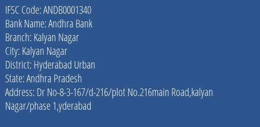 Andhra Bank Kalyan Nagar Branch Hyderabad Urban IFSC Code ANDB0001340