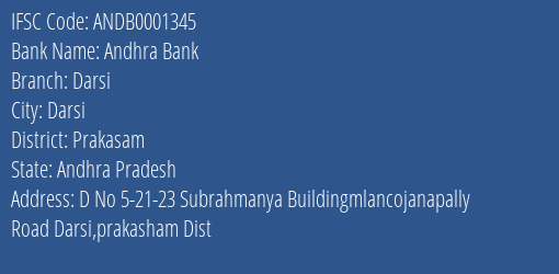 Andhra Bank Darsi Branch, Branch Code 001345 & IFSC Code Andb0001345