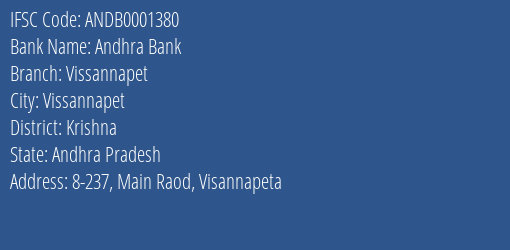Andhra Bank Vissannapet Branch Krishna IFSC Code ANDB0001380