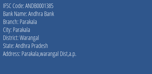 Andhra Bank Parakala Branch Warangal IFSC Code ANDB0001385