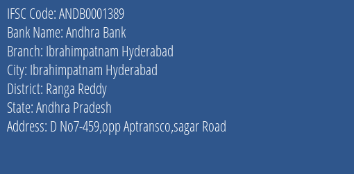 Andhra Bank Ibrahimpatnam Hyderabad Branch Ranga Reddy IFSC Code ANDB0001389