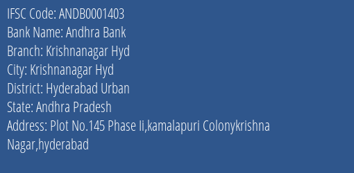 Andhra Bank Krishnanagar Hyd Branch Hyderabad Urban IFSC Code ANDB0001403