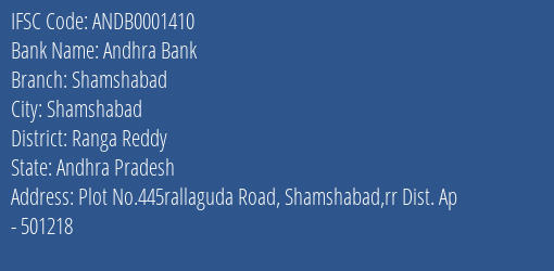 Andhra Bank Shamshabad Branch Ranga Reddy IFSC Code ANDB0001410