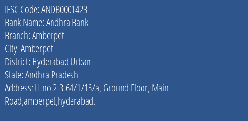 Andhra Bank Amberpet Branch Hyderabad Urban IFSC Code ANDB0001423