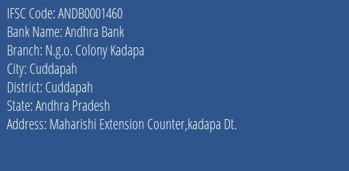 Andhra Bank N.g.o. Colony Kadapa Branch Cuddapah IFSC Code ANDB0001460