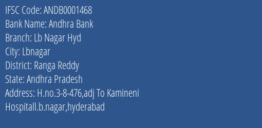 Andhra Bank Lb Nagar Hyd Branch Ranga Reddy IFSC Code ANDB0001468