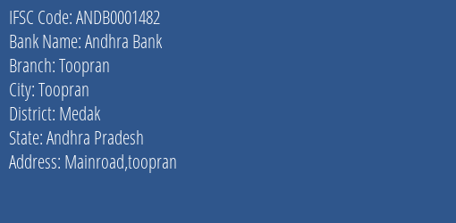 Andhra Bank Toopran Branch Medak IFSC Code ANDB0001482