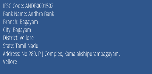 Andhra Bank Bagayam Branch, Branch Code 001502 & IFSC Code ANDB0001502
