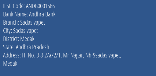 Andhra Bank Sadasivapet Branch Medak IFSC Code ANDB0001566