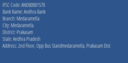 Andhra Bank Medarametla Branch, Branch Code 001570 & IFSC Code Andb0001570